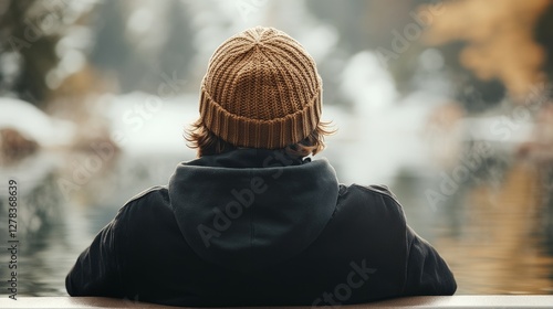 Obraz na płótnie Man relaxing in natural hot spring, wool hat protecting from cold, enjoying steam covered snowy landscape during winter outdoor bathing experience w salonie