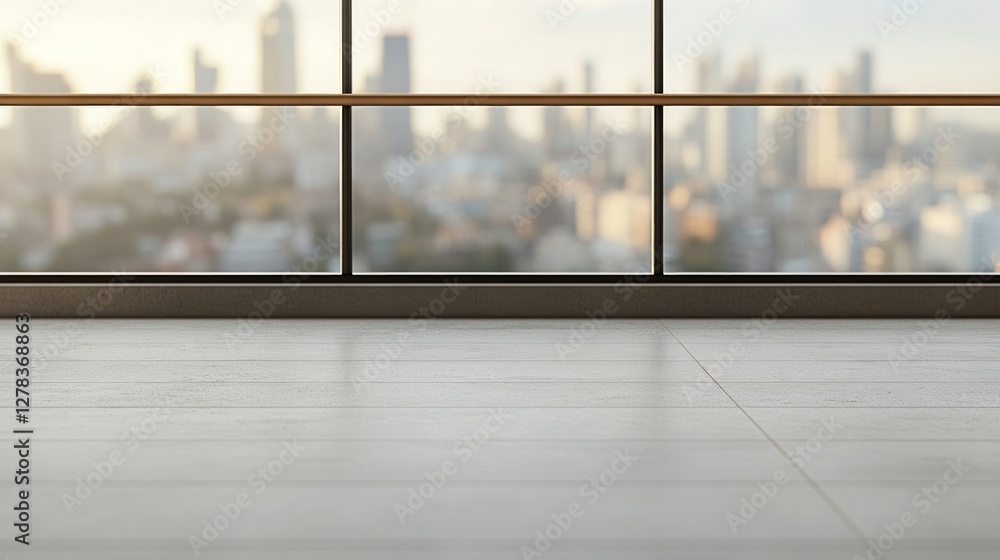 Minimalist office interior bathed in warm sunset light, expansive windows revealing urban landscape, emphasizing contemporary workspace design
