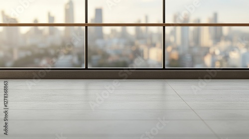 Obraz na płótnie Minimalist office interior bathed in warm sunset light, expansive windows revealing urban landscape, emphasizing contemporary workspace design w salonie