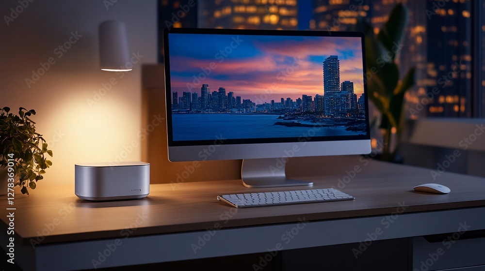 Modern workspace at dusk, desktop computer showcasing vibrant cityscape view Modern workspace at dusk, desktop computer showcasing vibrant cityscape view