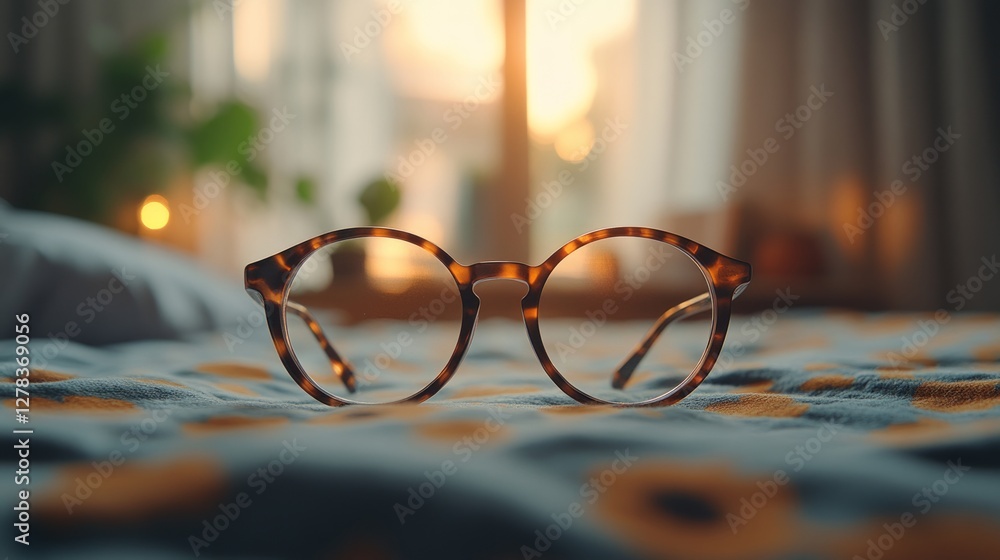 Tortoiseshell glasses lying on rumpled bedding, soft sunlight casting gentle shadows across textured linens