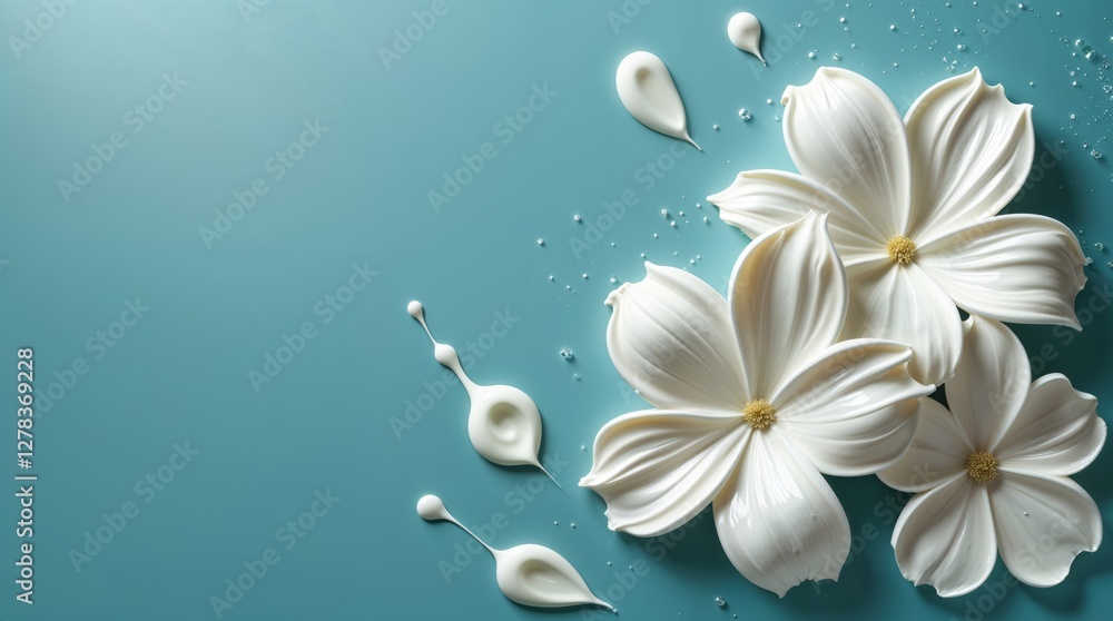 Naklejka premium beautiful and simple white petals flower on teal backgeound that suitable for background, banner, greeting card, wallpaper and desktop. 