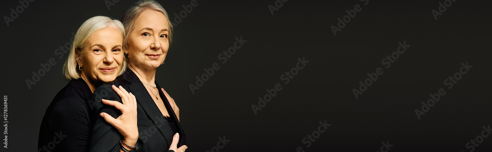 Mature lesbian couple embracing their love in stylish attire with confident expressions Mature lesbian couple embracing their love in stylish attire with confident expressions