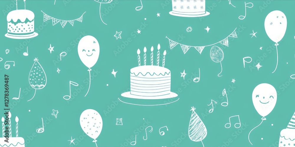 Hand drawn white birthday graphics creating playful seamless pattern with cakes, balloons, party hats, musical notes on turquoise background for festive celebration design