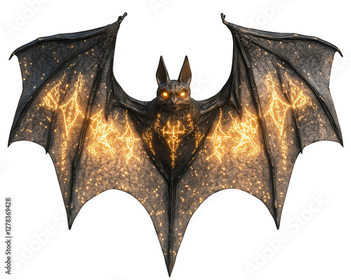 mystical bat with glowing runes on its wings, showcasing magical energy and enchanting presence. This captivating creature embodies essence of fantasy and wonder photo