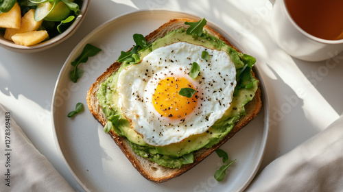 Avocado Toast Delight: A close-up shot showcases a slice of toasted bread topped with creamy avocado and a perfectly cooked fried egg, creating a visually appealing and healthy breakfast option.