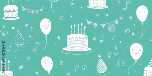 Hand drawn white birthday graphics creating playful seamless pattern with cakes, balloons, party hats, musical notes on turquoise background for festive celebration design