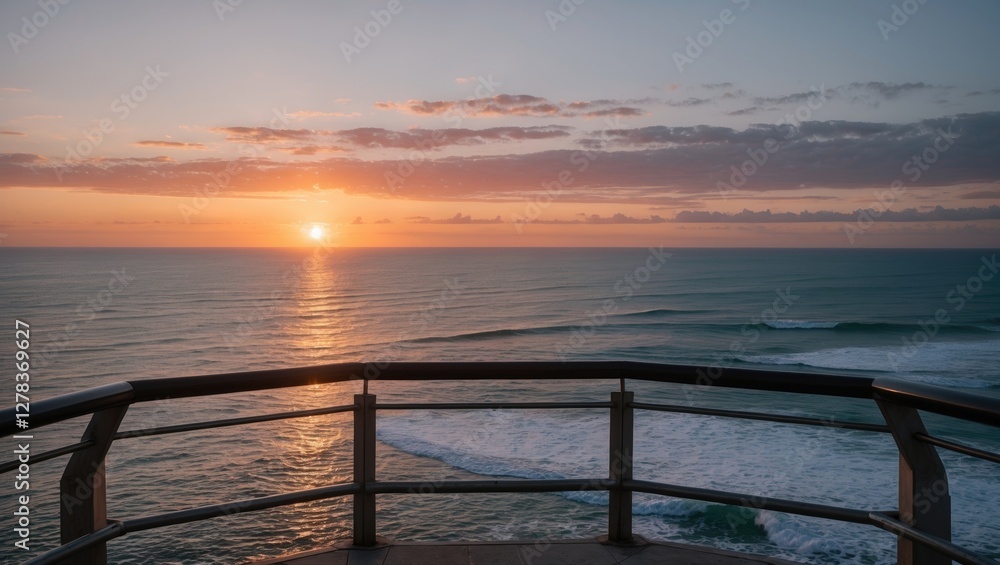 Serene Sunset Over Ocean from Scenic Walkway with Vibrant Sky and Reflection on Water Serene Sunset Over Ocean from Scenic Walkway with Vibrant Sky and Reflection on Water