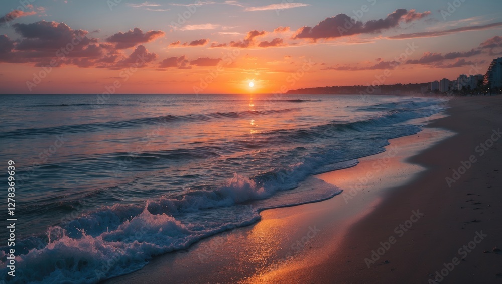 Serene Sunset Over Tranquil Beach With Vibrant Sky Reflections And Gentle Waves Crashing On Shoreline At Dusk Serene Sunset Over Tranquil Beach With Vibrant Sky Reflections And Gentle Waves Crashing On Shoreline At Dusk