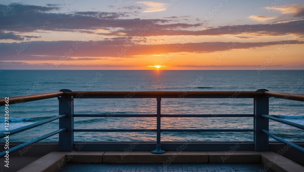 Serene Sunset Over Ocean View From Coastal Walkway With Wooden Railing And Calm Waves In The Background Serene Sunset Over Ocean View From Coastal Walkway With Wooden Railing And Calm Waves In The Background