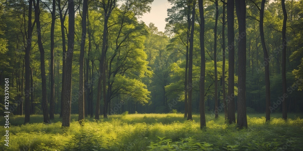 Fototapeta premium Serene Vintage Forest Landscape with Lush Green Trees and Open Space for Text in a Summer Setting