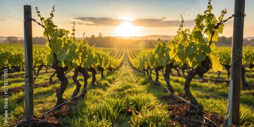 Vibrant Vineyards at Sunrise with Lush Green Vines and Scenic Landscape Ideal for Text Overlay and Promotional Use photo