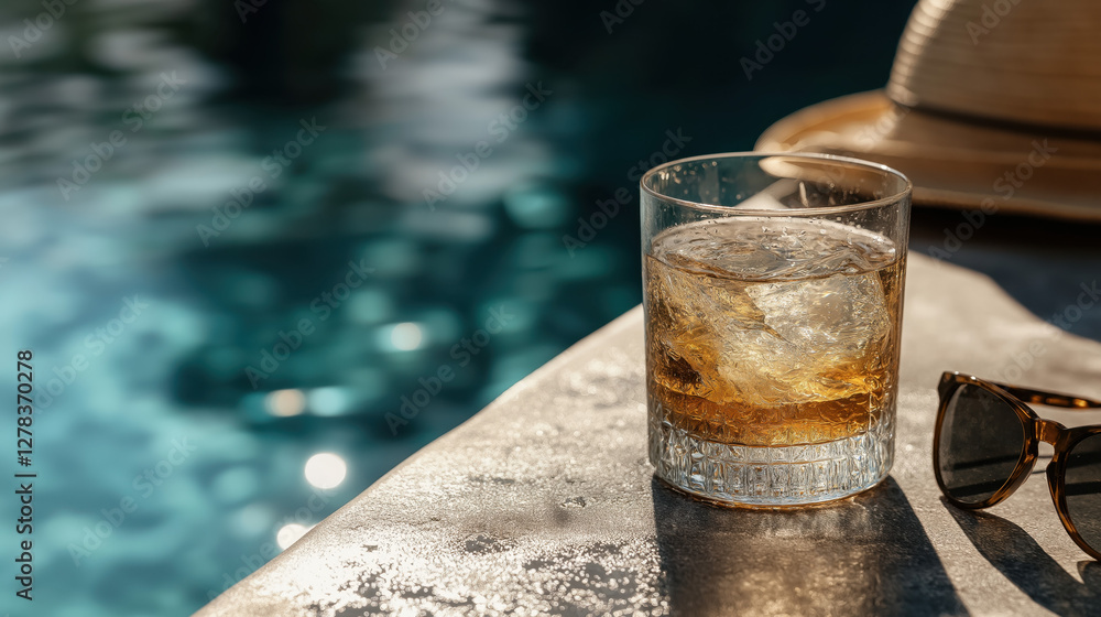 Refreshing Indulgence: A close-up captures a tumbler of amber liquid and ice cubes perched near a cool, blue pool, sun hat and shades enhancing a scene of leisure and relaxation.