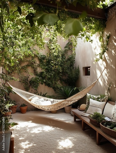 Gemütliche Hängematte in einem grünen, bewachsenen Innenhof