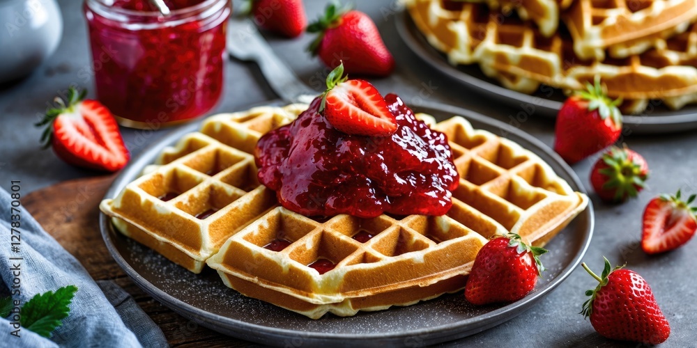 Delicious Waffles Topped with Fresh Strawberry Jam and Garnished with Strawberries on a Rustic Plate Delicious Waffles Topped with Fresh Strawberry Jam and Garnished with Strawberries on a Rustic Plate