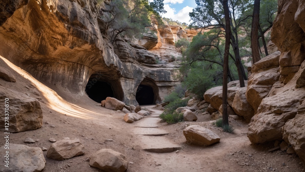 Scenic view of Walnut Canyon featuring Sandy's Canyon Trail with cave openings and empty space for text overlay in a natural landscape setting. Scenic view of Walnut Canyon featuring Sandy's Canyon Trail with cave openings and empty space for text overlay in a natural landscape setting.