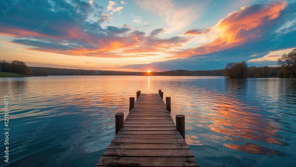 Obraz premium Tranquil Sunset Over Serene Lake With Wooden Jetty Reflecting Vibrant Clouds And Colors In The Sky Capturing A Countryside Landscape Scene