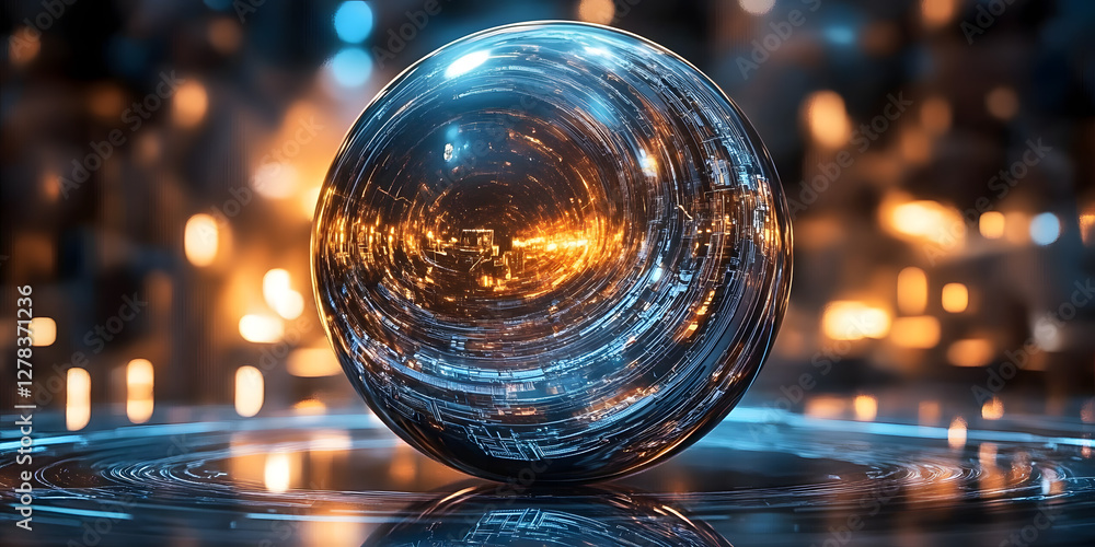 Detailed view of a futuristic orb reflecting a galaxy, with intricate circuits running across its surface, blending tech with celestial wonder. Detailed view of a futuristic orb reflecting a galaxy, with intricate circuits running across its surface, blending tech with celestial wonder.