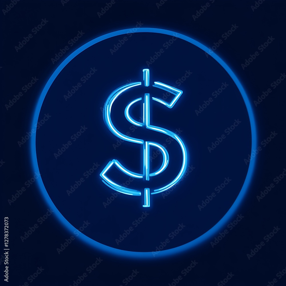 Obraz premium A glowing blue dollar sign on a dark background with an illuminated circle