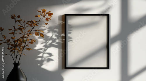 Minimalist Mockup: A sophisticated minimalist interior with a blank picture frame, casting shadows from a nearby plant, offering a perfect canvas for art, photography, or design.