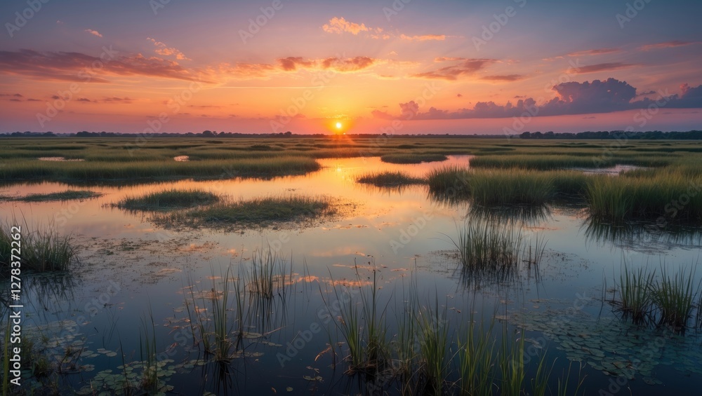 Tranquil Wetlands Under Vibrant Sunset Sky Reflecting Warm Hues in Serene Water Landscape with Lush Greenery and Cloudy Horizon Tranquil Wetlands Under Vibrant Sunset Sky Reflecting Warm Hues in Serene Water Landscape with Lush Greenery and Cloudy Horizon