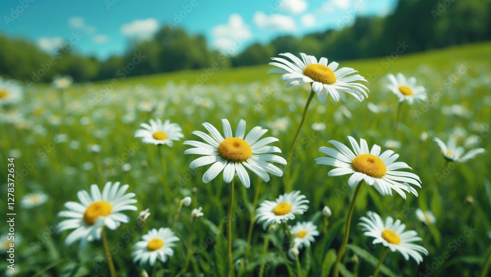 Daisies Blooming In A Lush Green Meadow Under A Blue Sky Perfect For Nature Inspired Themes And Floral Designs Daisies Blooming In A Lush Green Meadow Under A Blue Sky Perfect For Nature Inspired Themes And Floral Designs