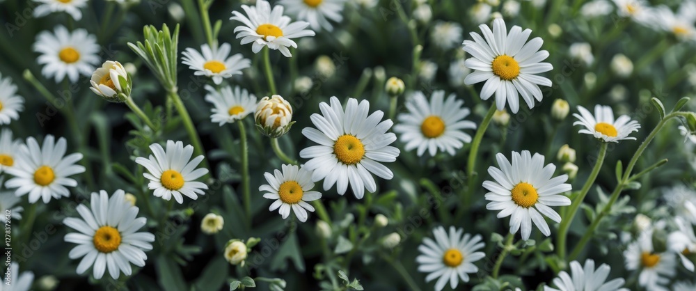 Close-up of white daisy flowers blooming amidst lush green foliage in a vibrant spring garden setting. Close-up of white daisy flowers blooming amidst lush green foliage in a vibrant spring garden setting.