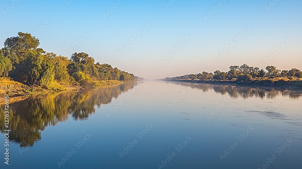 Fototapeta premium A calm stretch of the Niger River at sunrise, with reflections of the sky on the water. Copy space.