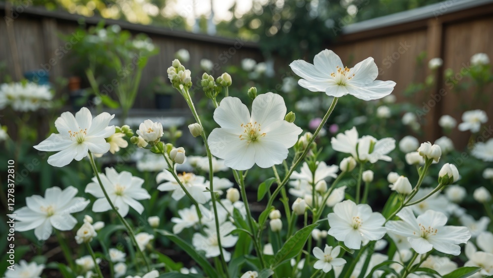 Delicate white flowers blooming in a serene backyard garden showcasing lush greenery and vibrant petals in natural sunlight.