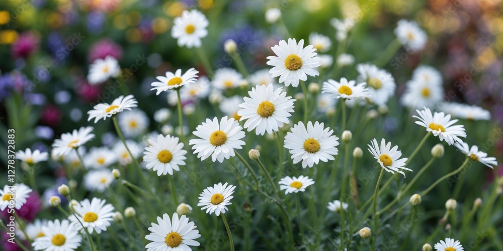 Fototapeta premium White English Daisies in Bloom Against a Blurred Garden Background with Ample Space for Text Overlays