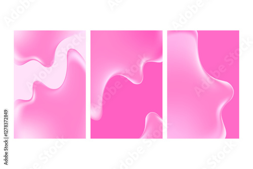 Abstract pink liquid blobs, flowing 3d water shape with gradient texture poster set. Aesthetic beauty cosmetic background with copy space. Fluid organic forms, smooth gel solution, collagen, serum.