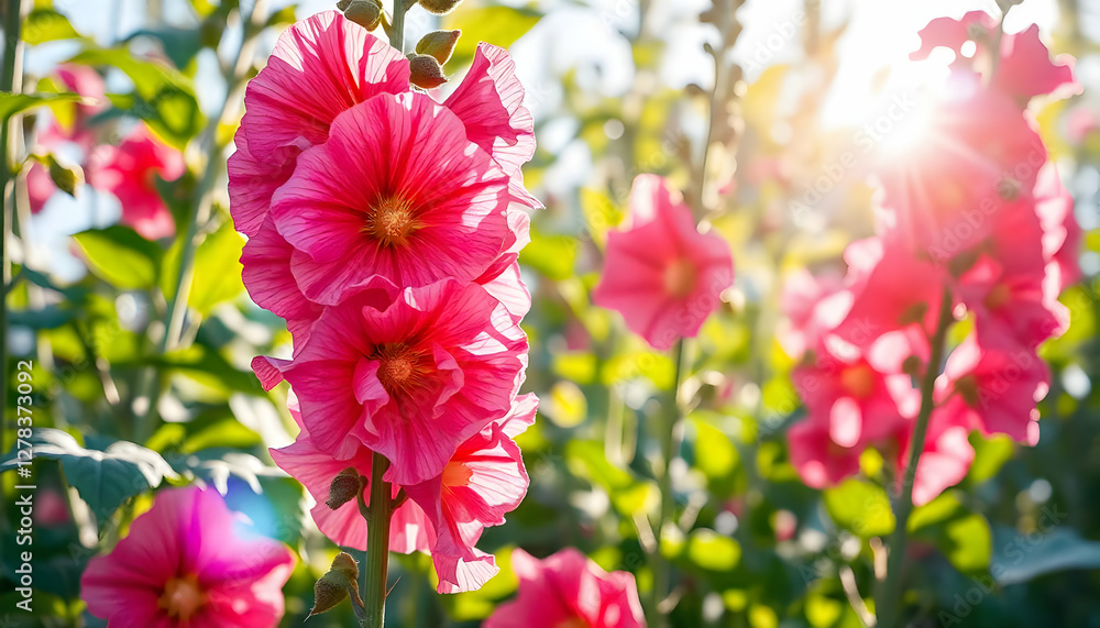 Fototapeta premium Radiant pink hollyhocks bathing in the golden glow of a summer afternoon