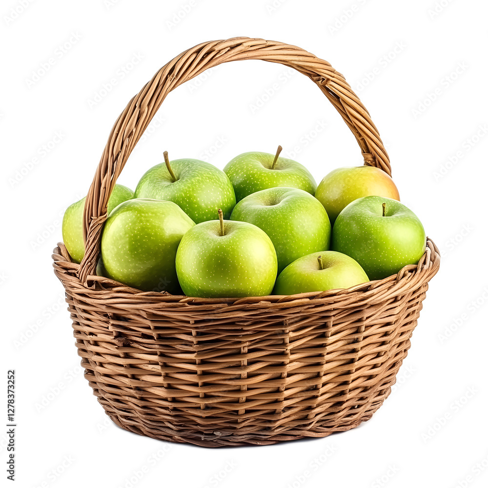 Basket of Fresh Ripe Green Apples in Rustic Wicker Container Basket of Fresh Ripe Green Apples in Rustic Wicker Container