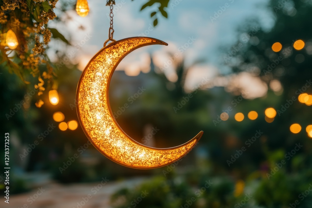 Crescent moon ornament glowing softly, featuring delicate metalwork and embedded lights, suspended against blurred evening background, representing ramadan festivity