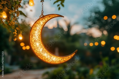 Obraz na płótnie Crescent moon ornament glowing softly, featuring delicate metalwork and embedded lights, suspended against blurred evening background, representing ramadan festivity w salonie