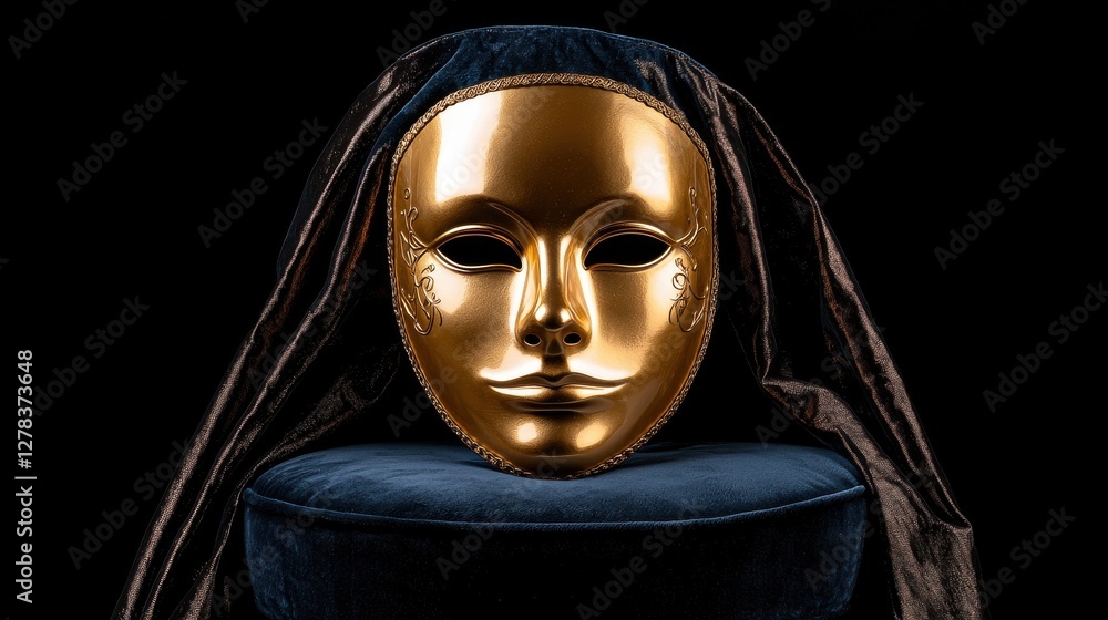 Golden mask display studio dark environment close-up artistic interpretation Golden mask display studio dark environment close-up artistic interpretation