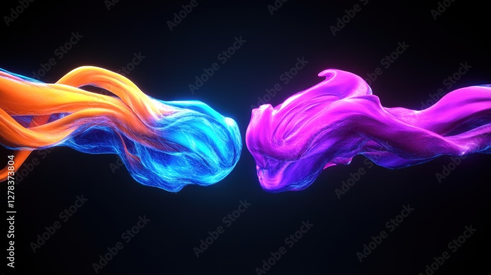 Fototapeta premium Neon fractal network of intertwining orange and blue and violet streams, glowing against the abyss.