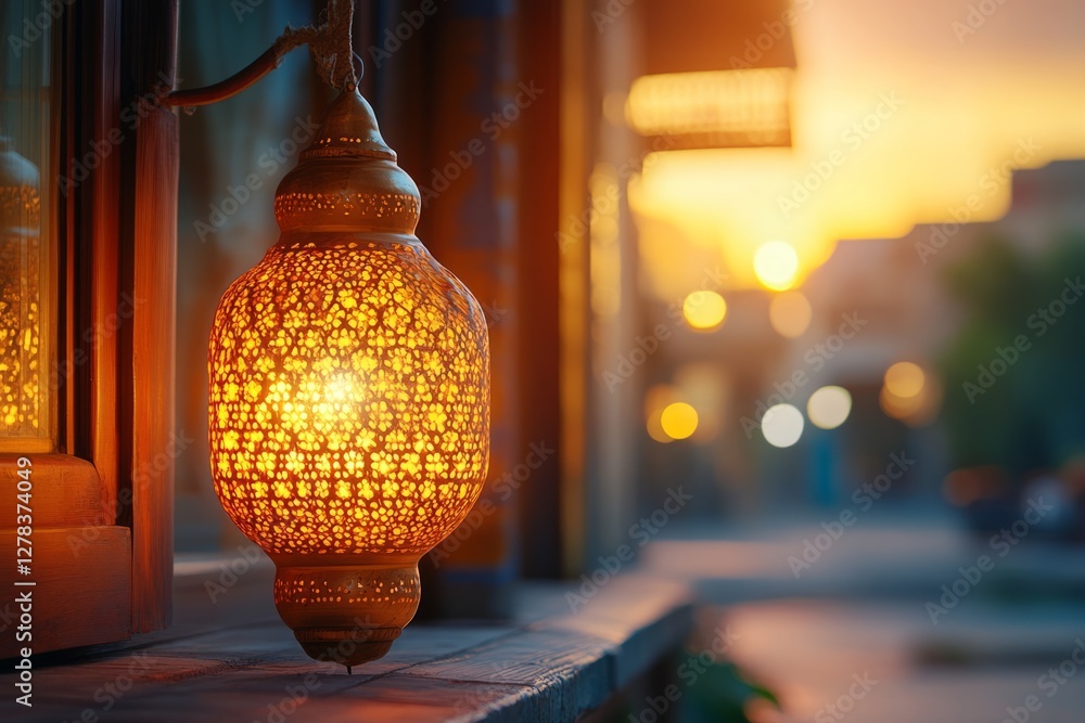 Golden light glowing from ornate ramadan lantern, casting warm illumination near window with blurred sunset cityscape, capturing essence of holy month's spiritual ambiance