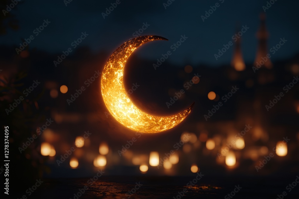 Luminous crescent moon hovering over blurred cityscape, symbolizing spiritual radiance of islamic traditions during ramadan and eid celebrations