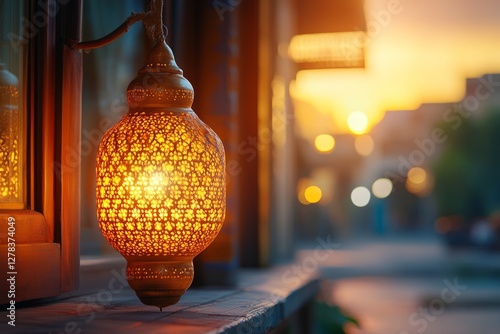Golden light glowing from ornate ramadan lantern, casting warm illumination near window with blurred sunset cityscape, capturing essence of holy month's spiritual ambiance