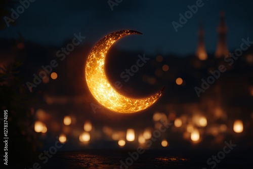 Obraz na płótnie Luminous crescent moon hovering over blurred cityscape, symbolizing spiritual radiance of islamic traditions during ramadan and eid celebrations w salonie