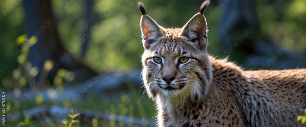 Lynx Staring Intently at Camera in Vibrant Summer Wilderness Showcasing Beautiful Fur and Unique Ear Tufts Encircled by Nature Lynx Staring Intently at Camera in Vibrant Summer Wilderness Showcasing Beautiful Fur and Unique Ear Tufts Encircled by Nature
