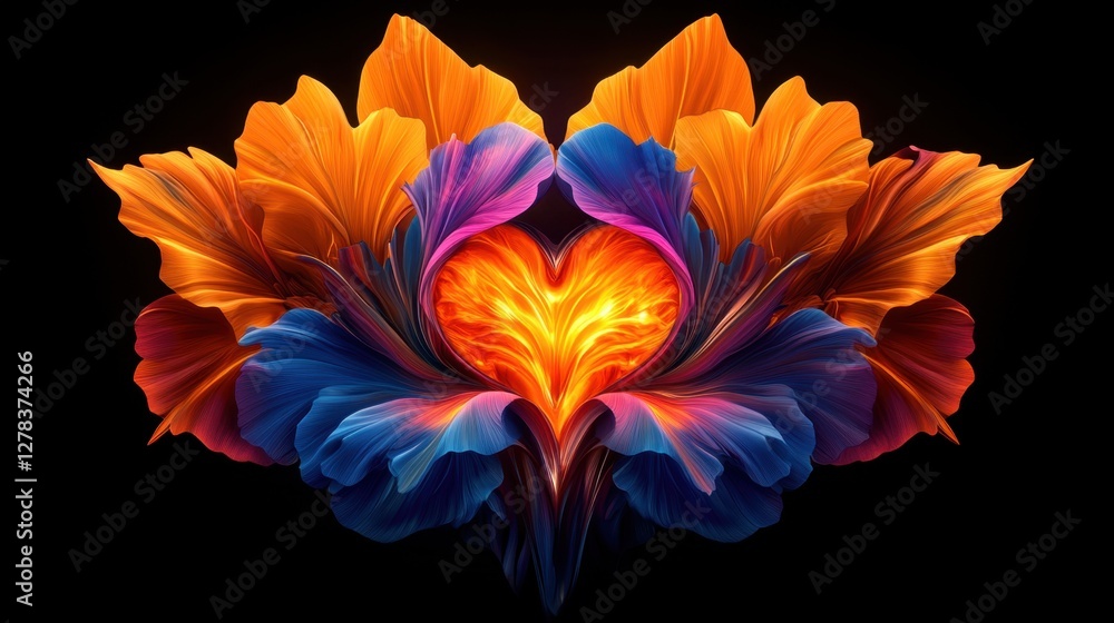 Obraz premium Radiant golden floral fractals with a glowing heart at the center.