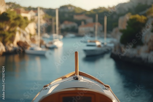 Wooden sailboat gliding into marina, surrounded by coastal town landscape, golden sunlight illuminating calm waters and traditional architecture