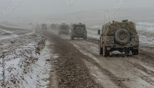 Military Convoy on Snowy Mountain Road
