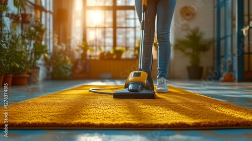 Woman cleaning spacious patterned carpet, sunlight streaming through windows, creating pristine home environment with neat, methodical housekeeping approach
