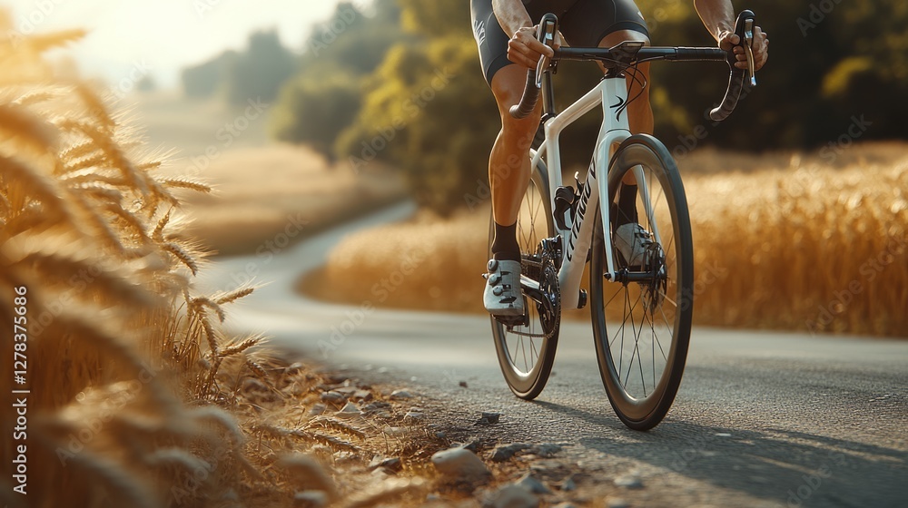 Experienced cyclist pedaling fast through golden wheat field during sunset, highlighting endurance and scenic rural landscape at golden hour