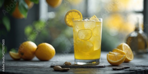 Refreshing citrus beverage garnished with lemon slices served in a glass with ice on a rustic wooden table with lemons in the background photo