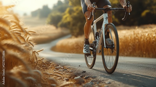 Experienced cyclist pedaling fast through golden wheat field during sunset, highlighting endurance and scenic rural landscape at golden hour