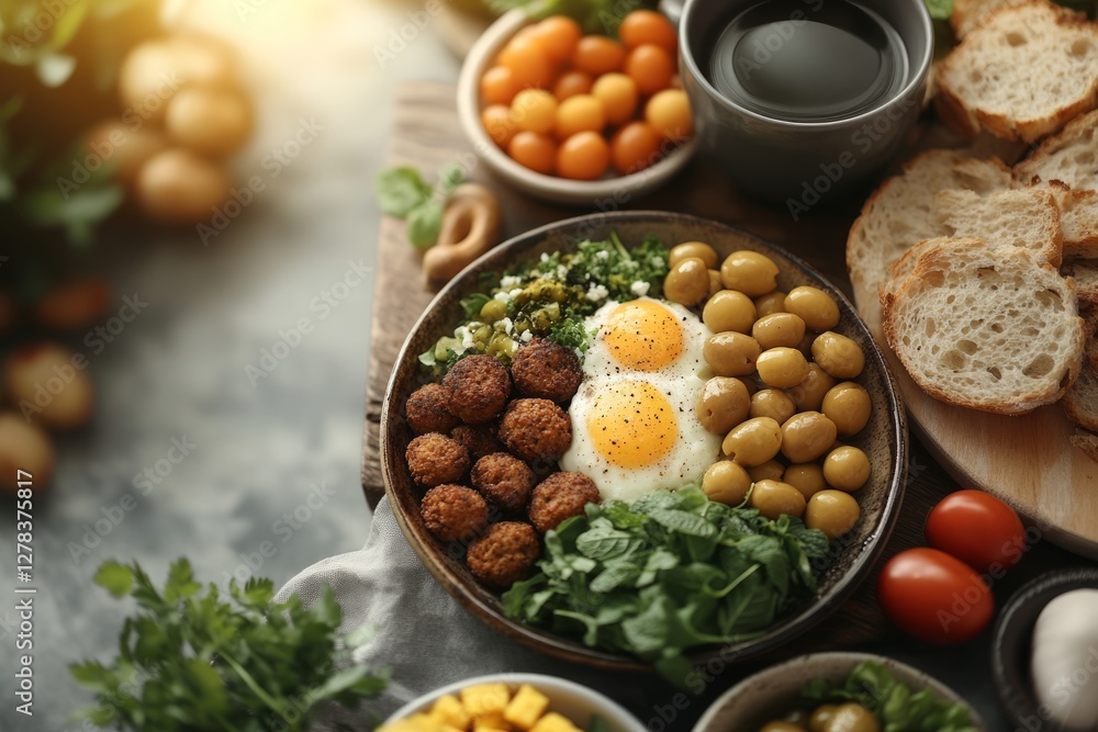 Traditional suhur meal featuring fried eggs, falafel, olives, fresh herbs, and other accompaniments, served before dawn during the holy month of ramadan